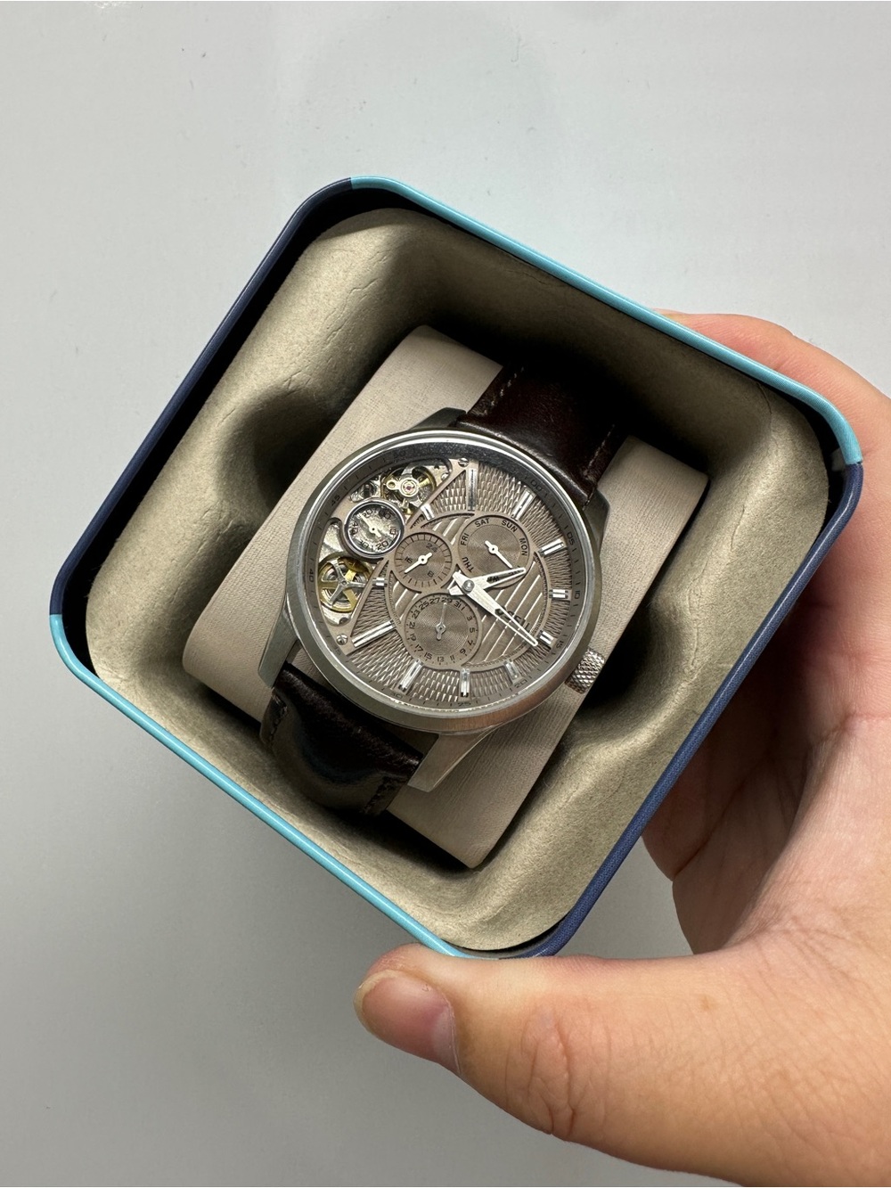 NWT! Fossil ME1098 Men's 42mm Watch In Brown Leather Twist Semi-Skeleton
